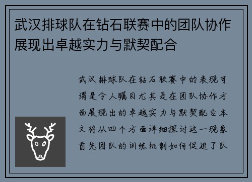 武汉排球队在钻石联赛中的团队协作展现出卓越实力与默契配合